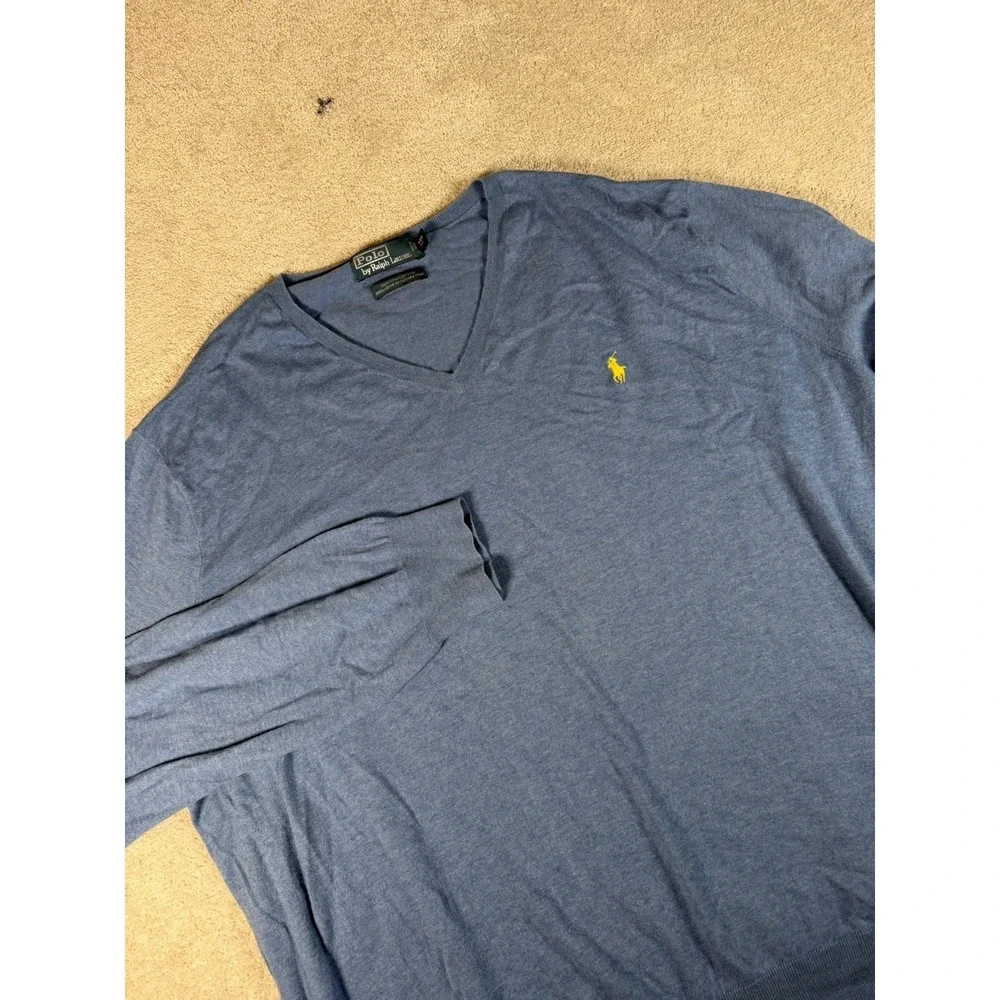 Polo‎ Ralph Lauren Vintage Men's Blue Pima Cotton V Neck Sweater 4XB Pony Preppy